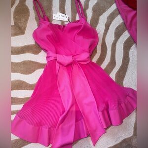 Milly Liv pleated pink spaghetti strap flared dress